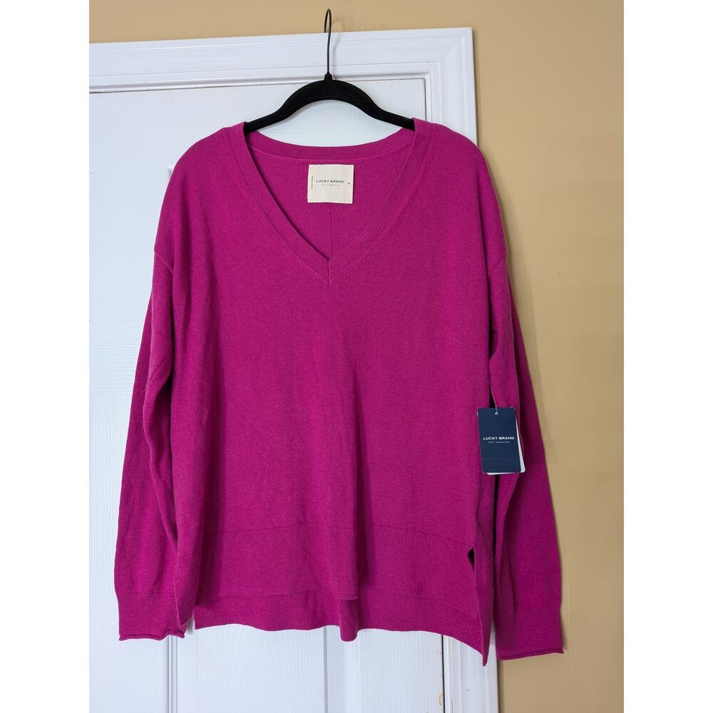 Lucky Brand Cashmere Blend V-Neck Sweater Size XS Pink NWT Barbiecore Preppy